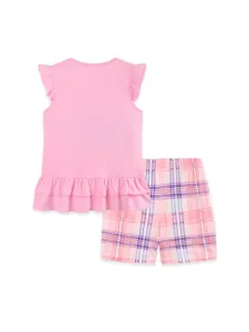 Girls Summer Western Style Cotton Top And Bottom Ruffle Sleeveless Rabbit Embroidered T Shirt Plaid Shorts Kids Clothing Set