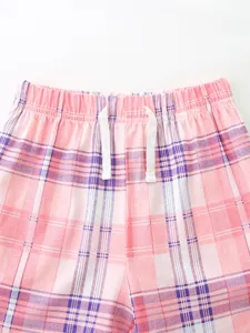 Summer cute girls pink plaid shorts with elastic waist and white drawstring design