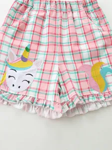 Summer girls plaid shorts with cute unicorn embroidery, comfortable elastic waist casual wear.