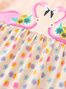Cute flamingo floral print short sleeve knit cotton girls dress main product display