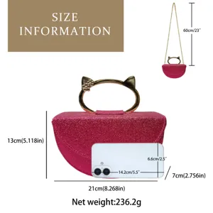 Sac de soirée scintillant rose avec poignée d'oreilles de chat, sac bandoulière élégant.