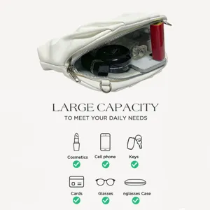 Detailed view of white pleated clutch bag interior capacity, perfect for daily essentials storage.