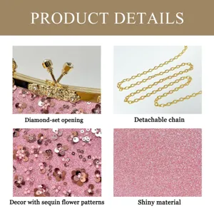 Roze pailletten avondtas met strass sluiting en afneembare ketting voor stijlvolle feestjes.