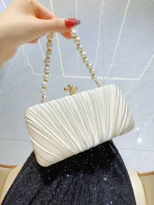 Elegant pleated satin evening clutch bag with pearl handle for wedding party and formal dress.