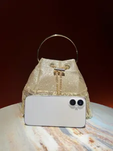 Chic metallic glitter fringe evening bucket bag with metal round handle for women fashion