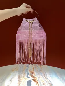 Fashion Pink Sequin Fringe Bucket Bag Women Metallic Handle Evening Handbag Niche Design Style