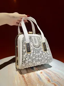 Elegant white rhinestone pearl evening bag with metal handle for women fashion party wedding.