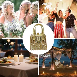 Elegant gold rhinestone evening clutch bag with pearl embellishments for party and wedding.