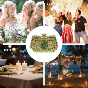 Detailed view of the luxury rhinestone evening clutch with green crystal and gold finish.