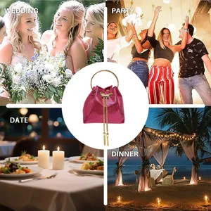 Shiny pink bucket handbag with metal ring handle and chic chain tassels for women evening party.
