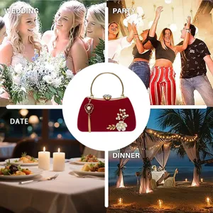 Borsa da sera in velluto rosso pochette con manico rotondo perla e fiore donna festa.