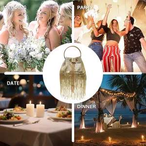 Gold metallic fringe evening bag detail with elegant round metal handle for party.