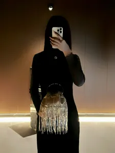 Luxury Rhinestone Tassel Evening Bag Women's Metallic Handle Bucket Handbag Elegant Purse