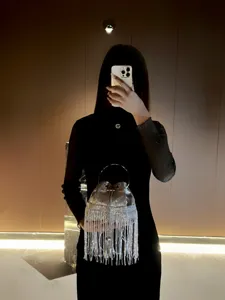 Sparkling silver tassel evening bag detail, featuring shiny fringe and metallic ring handle.
