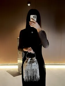 Chic metallic fringe evening bucket bag with metal handle, stylish sparkly design for women.