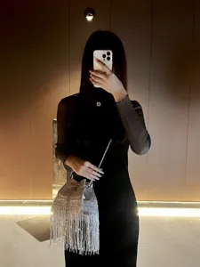 Detail view of the stylish silver fringe evening bucket bag, showcasing the sparkling tassels.