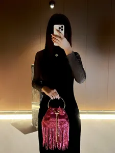 Sparkly sequin fringe evening bucket bag women luxury designer handbag with metal ring handle