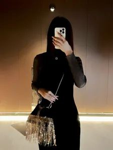 Detailed view of fashionable fringe evening bag, chic metallic bucket purse for women.