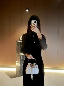 Exquisite shiny bucket bag detail featuring metallic ring handle and chic chain tassel.
