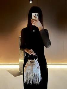 Chic silver tassel bucket bag with metal ring handle for women evening party wear.