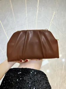 Elegant brown leather pleated clutch bag with metal frame, chic design for women evening.