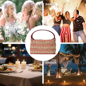 Bohemian rote bestickte Handtasche mit goldenem Spitzen-Design, elegante Abendtasche.