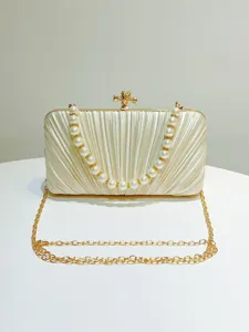 Pleated satin evening clutch bag with pearl short handle and gold chain strap for women.
