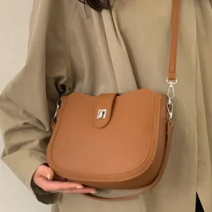 Korean style minimalist brown leather shoulder crossbody bag for women, elegant daily commute