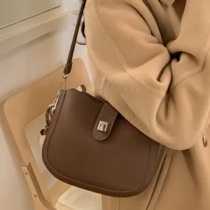 Korean style minimalist brown leather shoulder bag women chic casual commuter crossbody bag