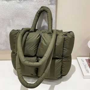 Green puffer tote bag for women winter oversized quilted shoulder handbag casual cotton down purse