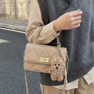 Women quilted chain shoulder bag winter fashion crossbody handbag with cute bear pendant charm