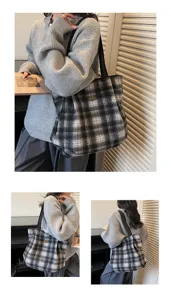 Vintage black and white plaid tote bag detail view, casual large capacity shoulder handbag.