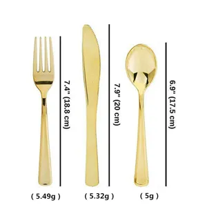 Disposable gold plastic cutlery set details, including fork, knife, and spoon dimensions.