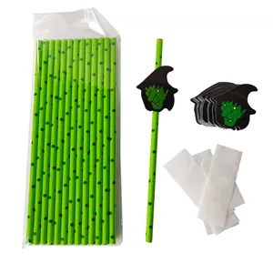 Halloween party paper straws set with green dot design, witch cutouts and glue dots.
