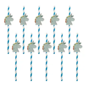 Vista detallada de pajitas de papel de unicornio bonitas diseño azul rayado para fiestas 10pz