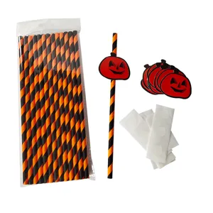 Halloween paper straw set with orange black stripes, pumpkin cards and glue dots for party.