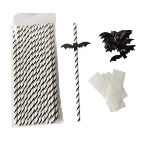 Halloween paper straws set with black white stripes and cute bat cutouts for party decor.