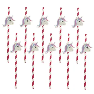 Lindas pajitas de papel de unicornio con rayas rosas para fiestas infantiles y bebidas.