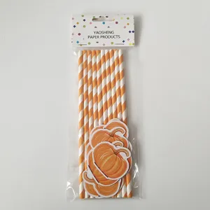 Pailles en papier rayées orange et blanc d'Halloween avec déco citrouille, fête 10pcs