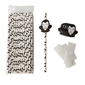 Halloween vampire paper straws set with funny bat prints and cute cutouts for party decor.