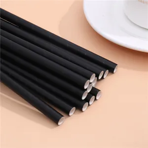 Paille en papier noire detail gros plan, pailles jetables ecologiques pour boissons.