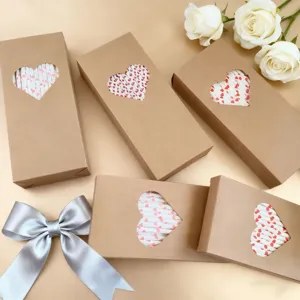 Kraft paper box packaging with heart window and red heart pattern paper drinking straws for party
