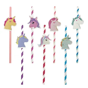 Set de pajitas de papel de unicornio de colores para fiesta de cumpleaños y bebidas.