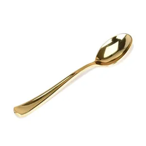 Disposable gold plastic spoon for party tableware, elegant shiny finish table service piece.