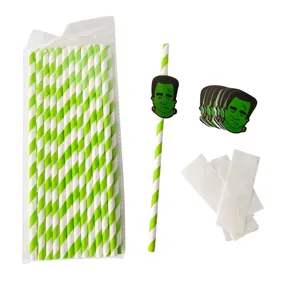 Halloween green white striped paper straws with cute Frankenstein monster party decorations set.