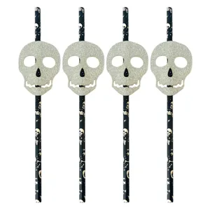 Halloween paper straws set featuring silver glitter skull decorations and spooky patterns for party.