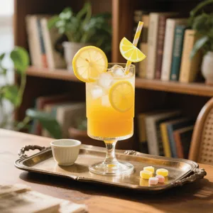 Primer plano de la pajita de papel limón decorativa en vaso con ambiente de fiesta de verano.