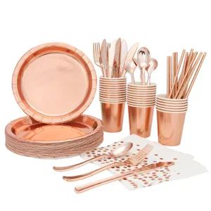 Rose gold disposable party tableware set plates cups forks knives spoons napkins straws