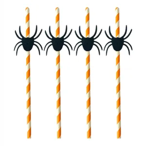 Halloween paper drinking straws with black spider decorations, colorful party props.