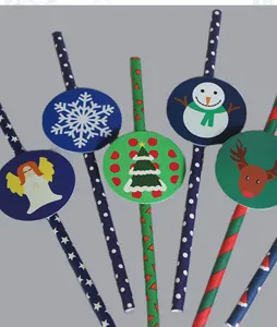 Pailles en papier de Noël jetables avec cartes rondes décoratives kit de fête festif